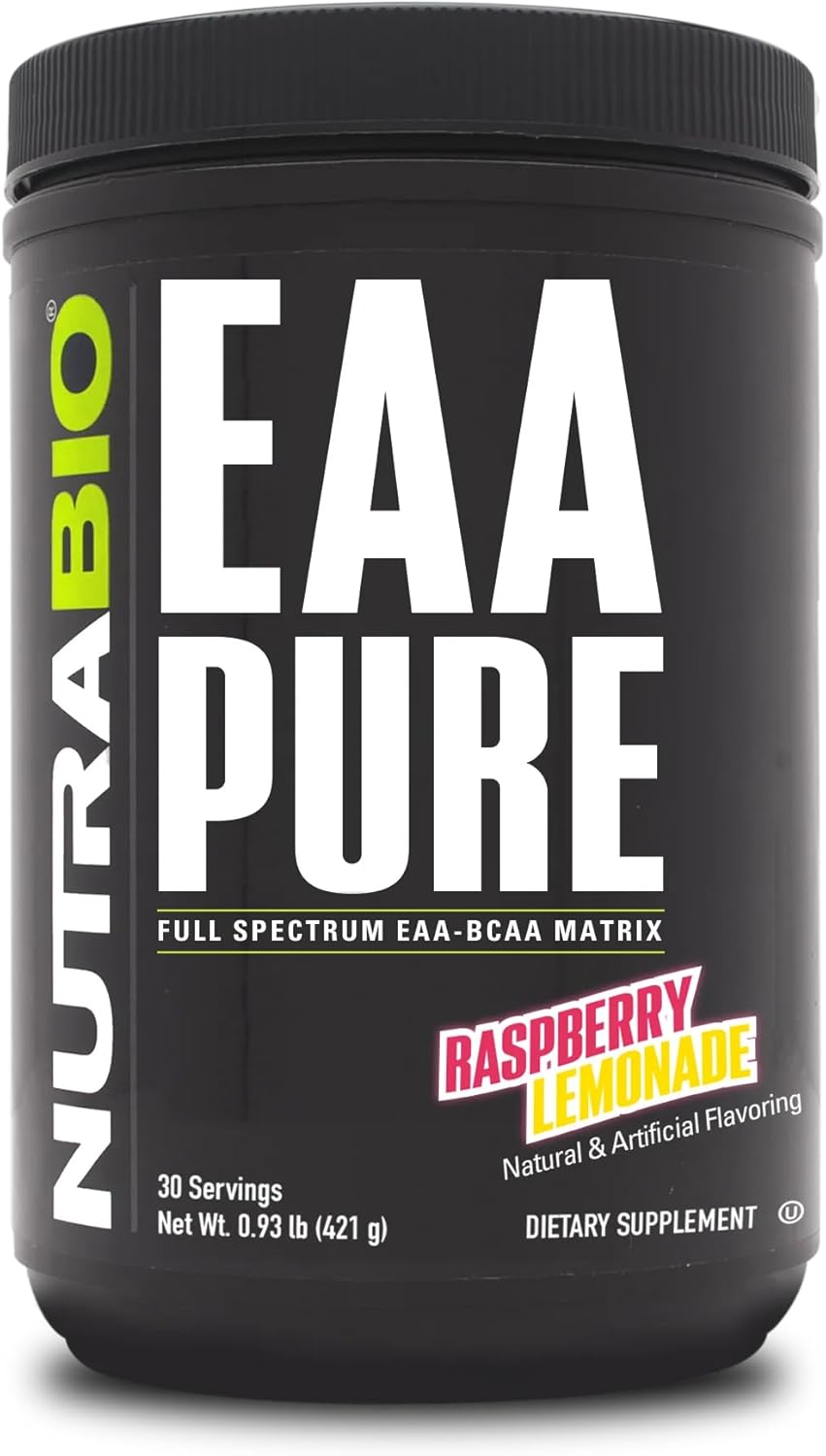 NutraBio – EAA Pure – 9 Amino Acids – Muscle Repair and Recovery, 30 Servings, Raspberry Lemonade – Pre or Post Workout – All Day Recovery