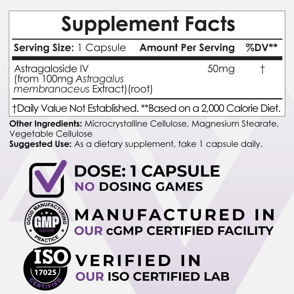 Nootropics Depot Astragaloside IV Capsules | 50mg | Astragalus membranaceus | 30 Count | Neuroprotective, Immune Support, Lengthens Telomeres