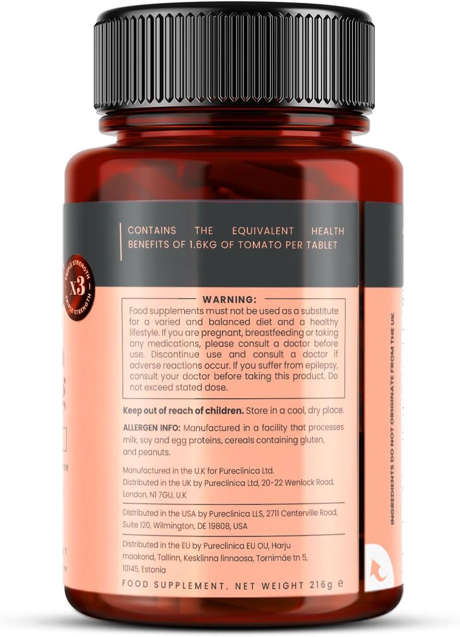 pureclinica 50mg Lycopene x 360 Tablets (2 Bottles of 180 Tablets Each - 12 Months Supply). Triple Strength Lycopene are 3 x Strength of Regular Tablets.