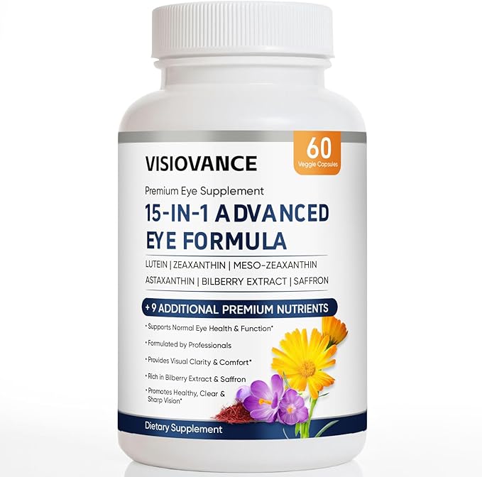 VisioVance 15 in 1 Advanced Eye Formula - Neurobella Eye Formula with All 3 Carotenoids, Lutein & Zeaxanthin, Bilberry Extract and Saffron, 60ct(1)