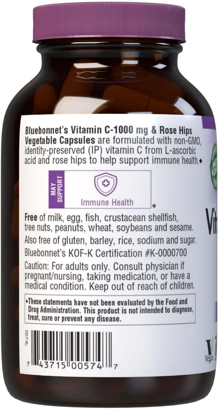 Bluebonnet Nutrition Vitamin C-1000 mg Plus Rose HIPS Vegetable Capules, for Immune Health, for Antioxidant Protection, Soy Free, Gluten Free, Non-GMO, Kosher, Dairy Free, Vegan, 90 Count