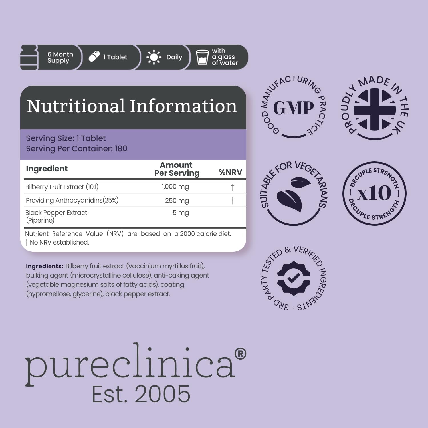 Bilberry Extract 10,000mg x 360 Tablets (2 Bottles) - 10 X More Anthocyanidins per Tablet Than Most Others - and 5mg Black Pepper Extract for 300% Increased Absorption