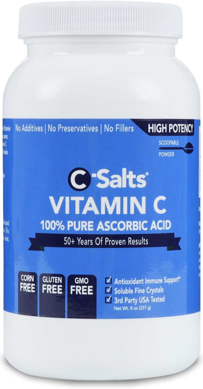 C-Salts Pure Ascorbic Acid Powder - High Dose 100% Pure Vitamin C Powder Supplement for Immune Support - Sugar-Free Powdered Drink with Soluble Fine Crystals, Organic, Corn-Free Non-GMO 8oz
