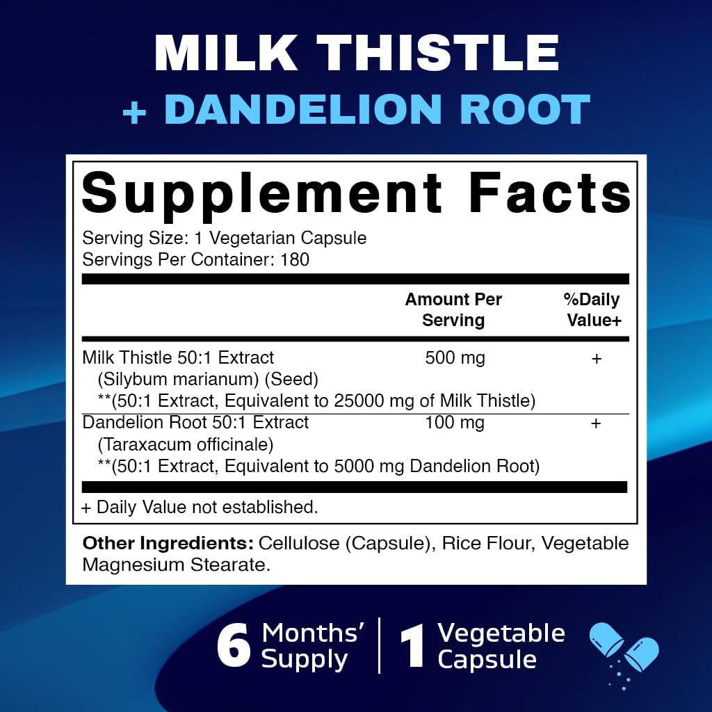 Vitamatic Milk Thistle 50:1 Extract 500mg, Dandelion Root 50:1 Extract 100mg, 180 Vegetarian Capsules, Non-GMO, Gluten Free