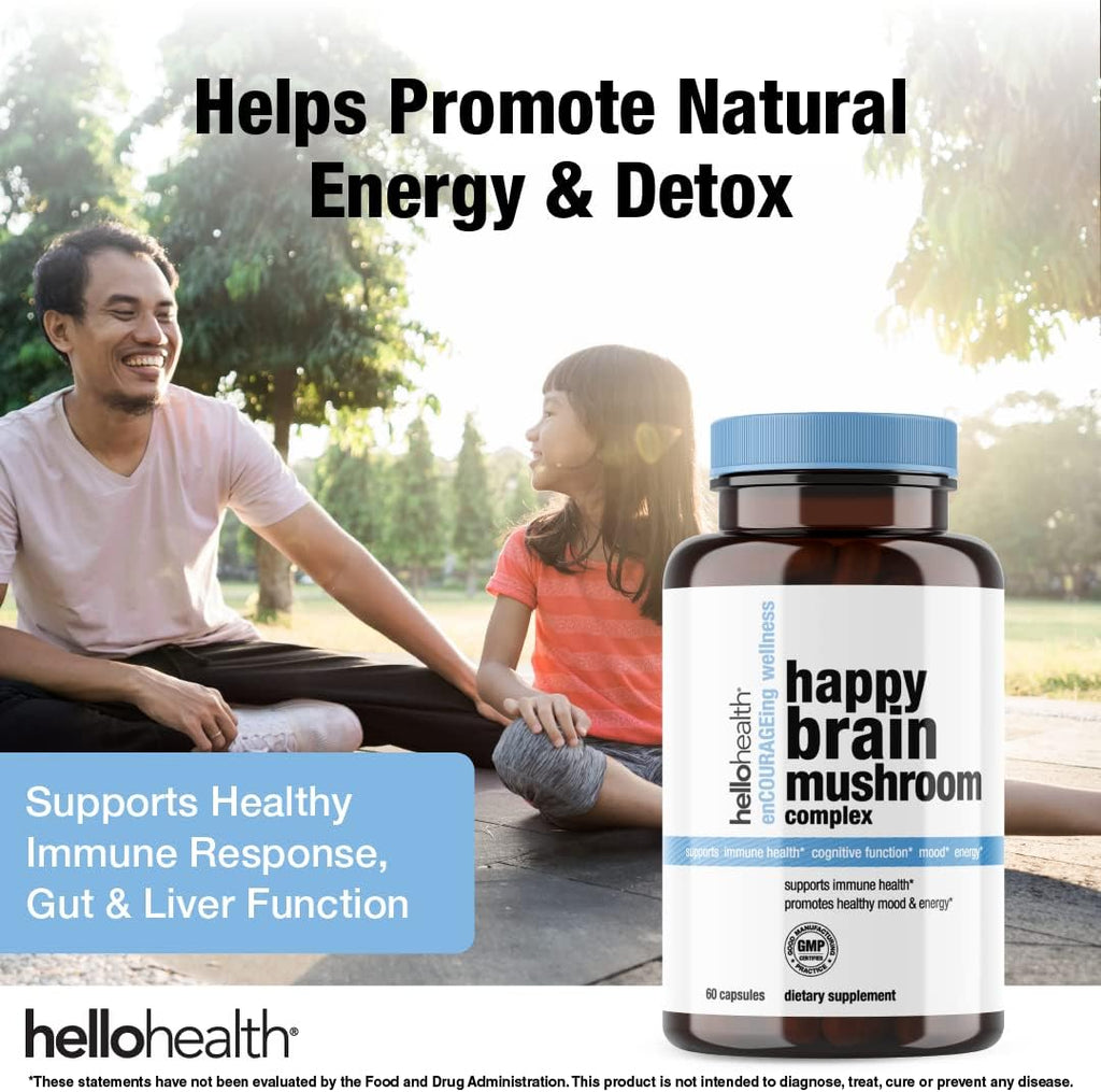 Happy Brain Mushroom Complex Nootropics Brain Support Supplement, 10 Mushroom Supplement: Lions Mane, Turkey Tail, Red Reishi, Shiitake Mushrooms for Improved Clarity, Energy, Immune Support 60ct. 4pk