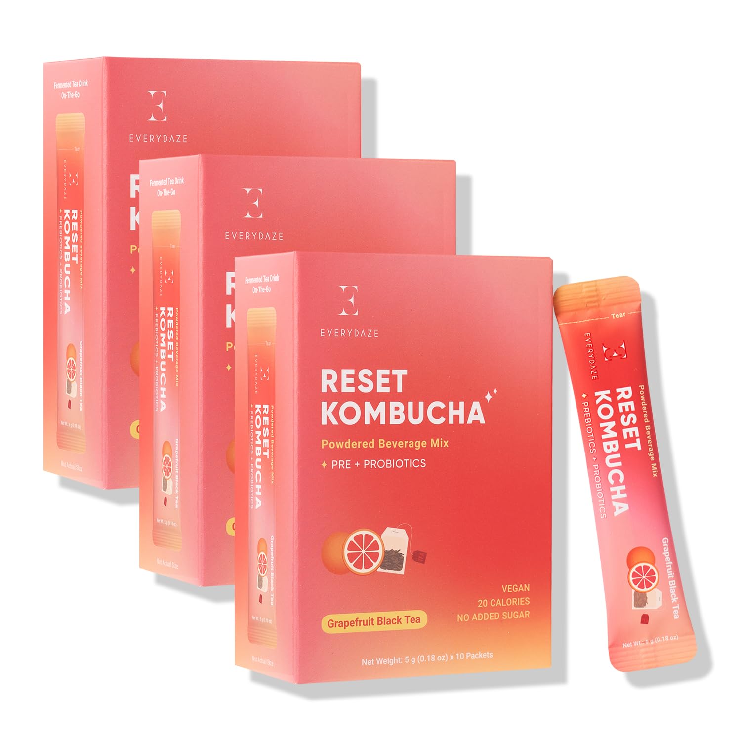 EVERYDAZE Reset Kombucha Tea Powdered Beverage Mix | 30 Pack (3 x 10ct) | Prebiotics + Probiotics | Vegan | No Added Sugar, Low Calorie, Gluten-Free, Sparkling Powder Drink (Grapefruit Black Tea)