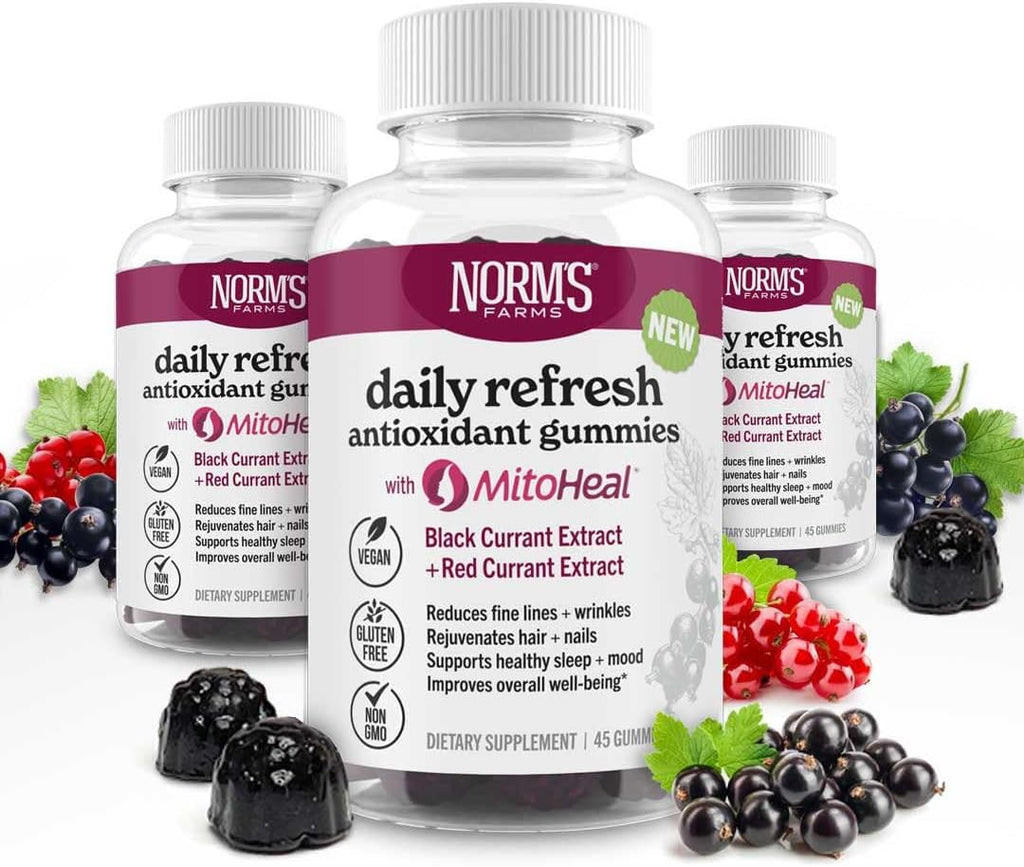Norm's Farms Elderberry Antioxidant Gummies - Daily Refresh w/MitoHeal, 500mg Red & Black Currant Extract - Sleep, Mood, Skin, Hair & Nail Support - USA Made, Vegan, Non-GMO, Gluten-Free - 45 Gummies