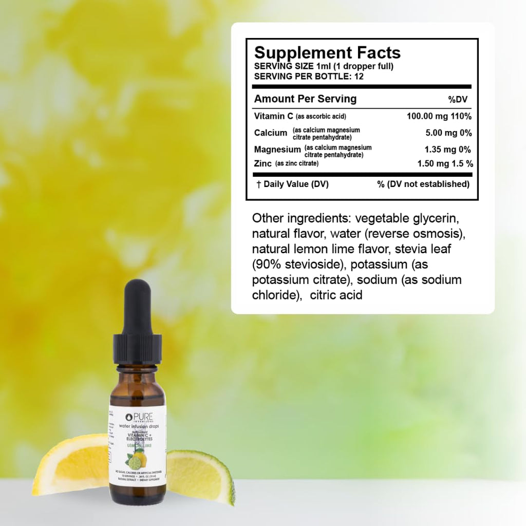 Pure Inventions - Lemon Lime Water Infusion Drops - Antioxidants, Vitamin C & Electrolytes - Health & Wellness Drink - Immunity Support -Sugar Free, Zero Calorie, No Artificial Sweeteners -12 Servings