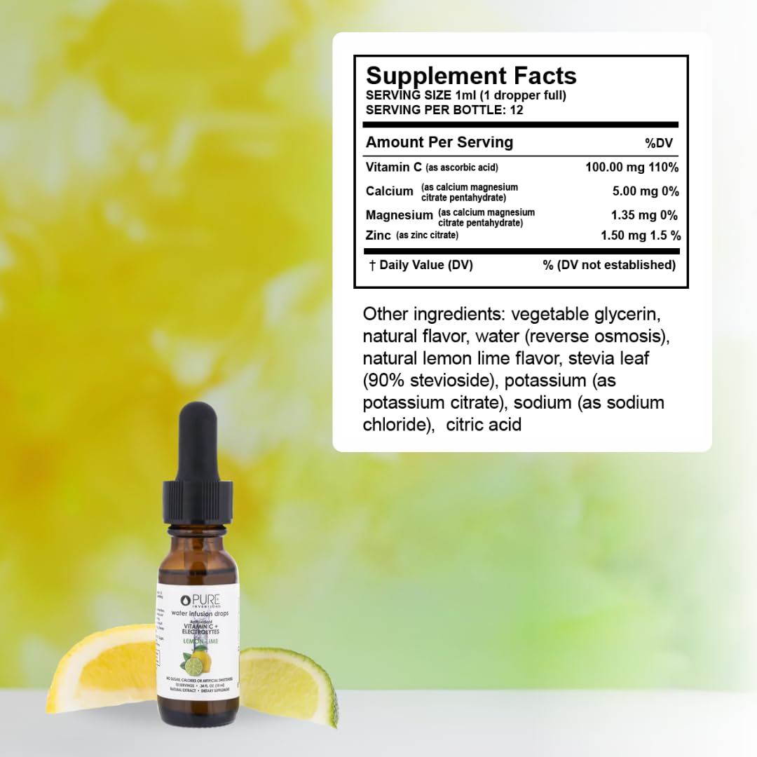 Pure Inventions - Lemon Lime Water Infusion Drops - Antioxidants, Vitamin C & Electrolytes - Health & Wellness Drink - Immunity Support -Sugar Free, Zero Calorie, No Artificial Sweeteners -12 Servings