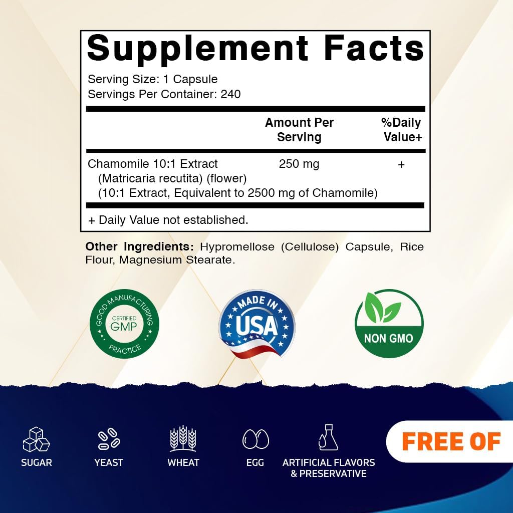 Vitamatic Chamomile 2500 mg Equivalent Per Serving (from 250 mg of 10:1 Extract) - 240 Veg Capsules - Non-GMO & Gluten Free