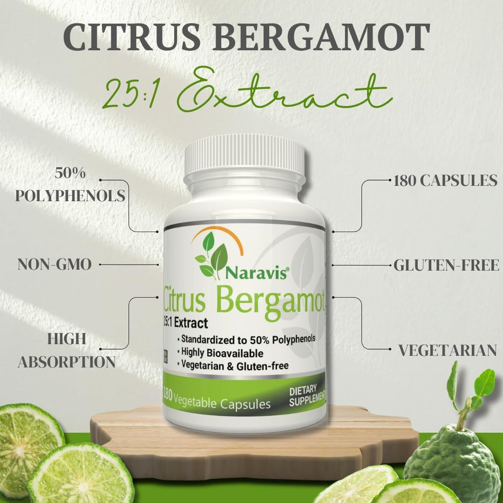 Citrus Bergamot Extract - 180 Capsules - 25:1 Extract - 50% Polyphenols - Black Pepper for Enhanced Absorption - Cholesterol lowering Supplements - Polyphenols Supplement