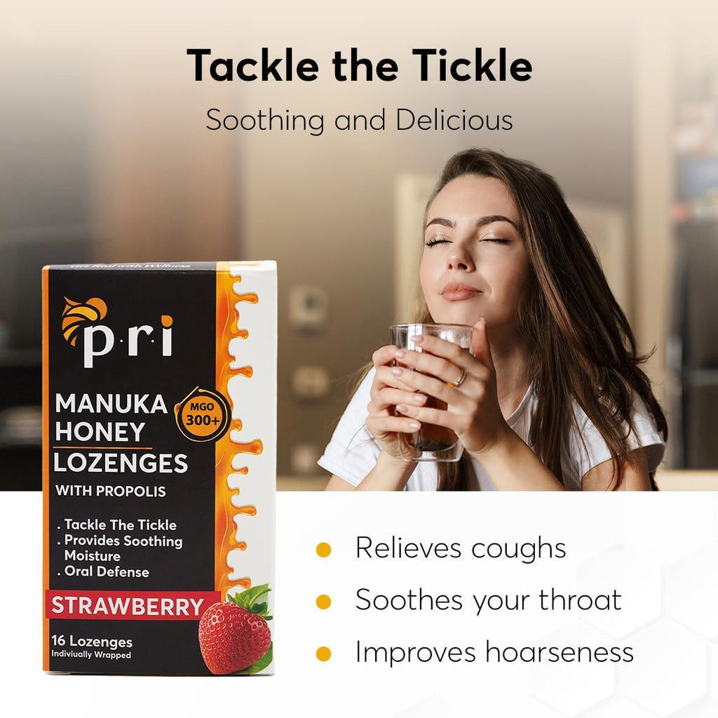 P.R.I Manuka Honey Lozenges with Propolis, Soothing Cough and Throat Drops, MGO 300+ Certified (Strawberry, 16 Count/2 Pack)