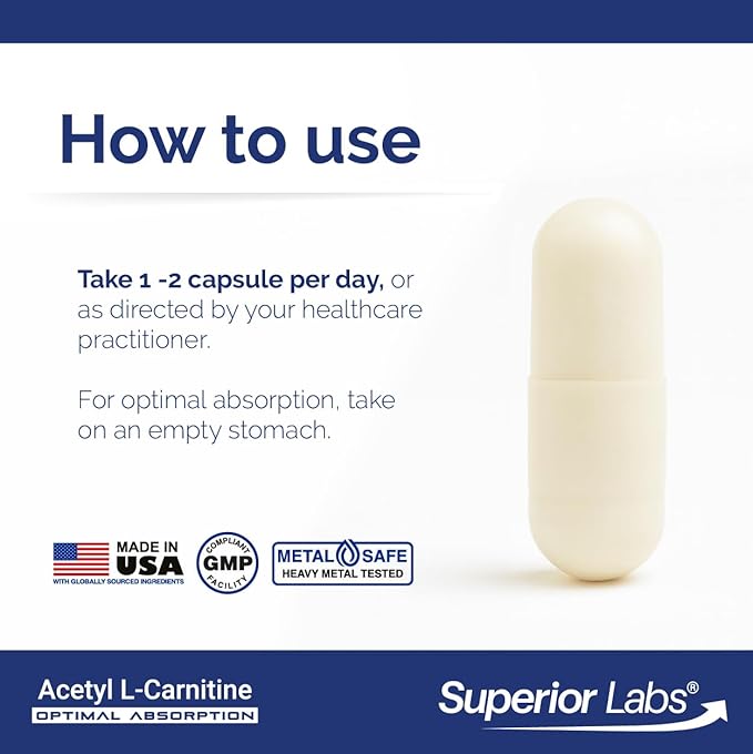 Superior Labs Acetyl L-Carnitine 500 mg, High Potency ALCAR, Pure Non-GMO, Zero Synthetic Additives, Maximum Absorption, Energy & Fat Metabolism, Brain, Nerve & Cellular Detox Support, (200 Veg Caps)