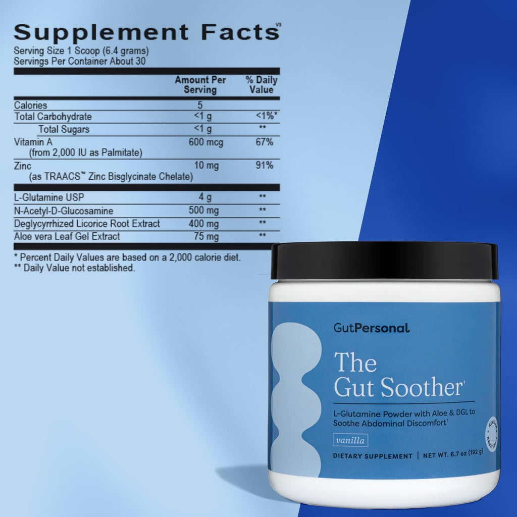 GutPersonal The Gut Soother L-Glutamine Powder Supplement: Restore Gut Lining, Soothe Digestive Discomfort While Promoting Overall Gut Health, 30 Servings (Vanilla)