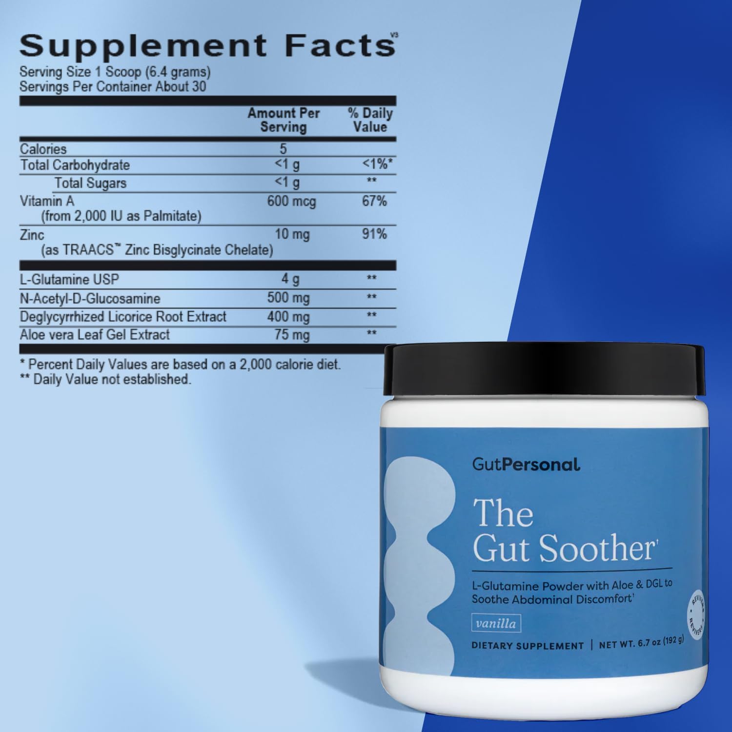 GutPersonal The Gut Soother L-Glutamine Powder Supplement: Restore Gut Lining, Soothe Digestive Discomfort While Promoting Overall Gut Health, 30 Servings (Vanilla)