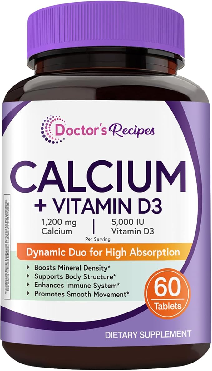 Doctor's Recipes Calcium 1200 mg with Vitamin D3, Calcium Supplements for Women & Men, Non-GMO, No Soy, Bone & Immune Support, Calcium Carbonate, Extra Absorption, 60 Tablets