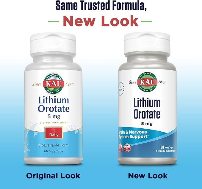 KAL Lithium Orotate 5mg | Low Serving of Chelated Lithium Orotate for Bioavailability & Mood Support | in Organic Rice Bran Extract Base | 60 VegCaps