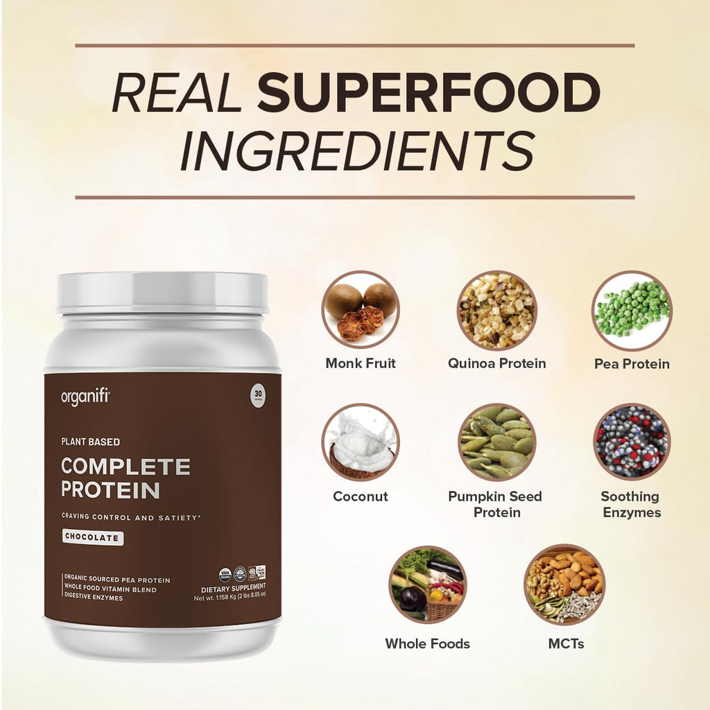 Organifi Complete Protein Chocolate Flavor - Organic Vegan Plant Based Protein Powder with Digestive Enzymes - 30 Day Supply - No Soy, Dairy, or Gluten