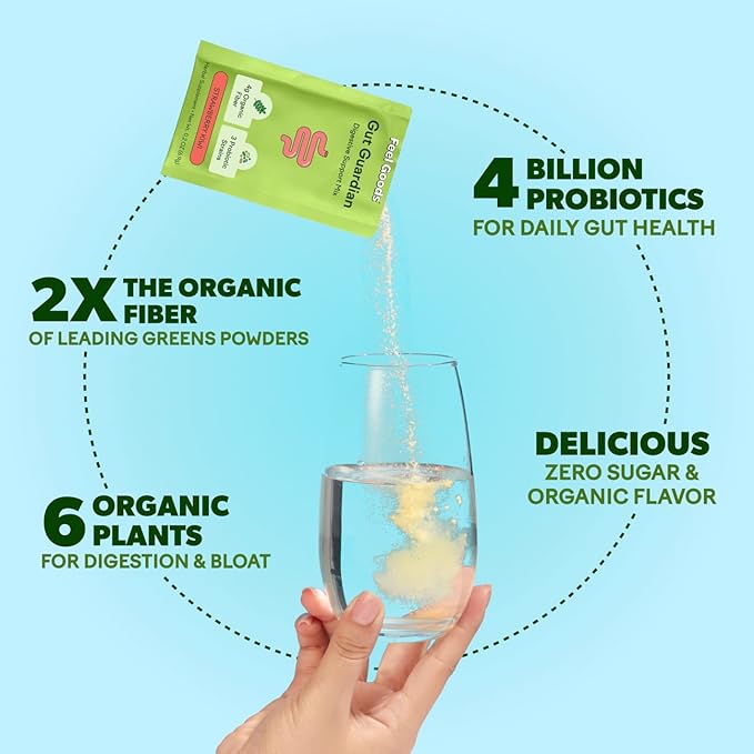 Feel Goods Gut Guardian, Digestive Health Powder Packets - Probiotic Fiber Powder with Prebiotics & L Glutamine for Gut Health, Bloating Relief & Digestion Support - Zero Sugar & Organic Flavor