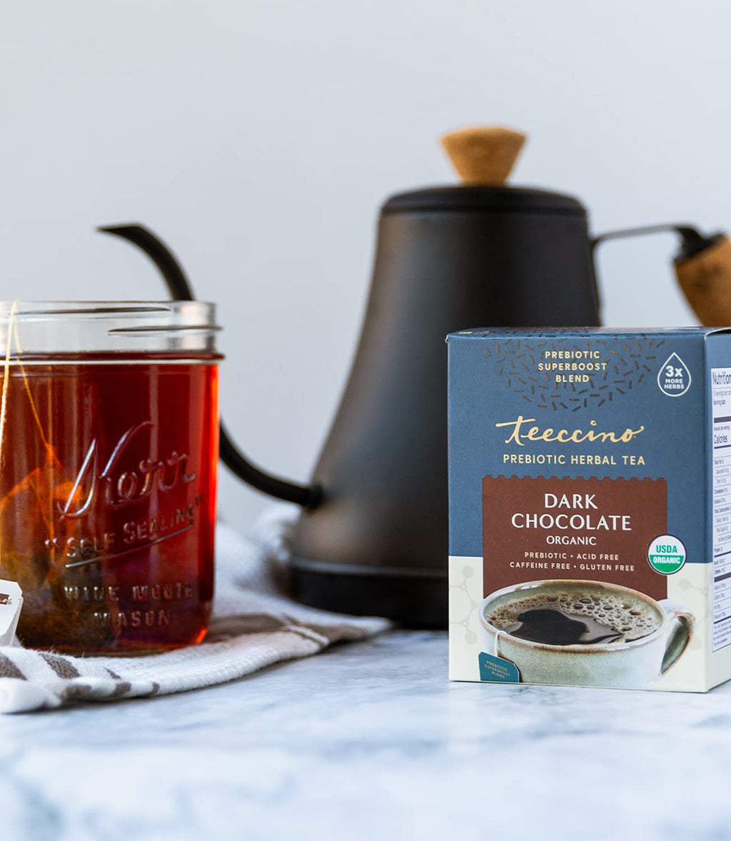 Teeccino Dark Chocolate - Prebiotic SuperBoost™ Herbal Tea - Support Your Probiotics with Vegan GOS & Organic XOS For Good Gut Health and Regularity, Digestive Chocolate Tea, 25 Tea Bags (Pack of 3)