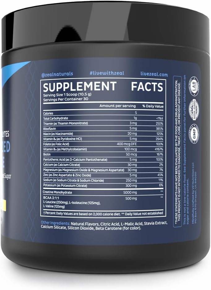 Zeal Electrolyte Powder w/Micronized Creatine (30 Servings | Lemon Sorbet) w 0 Sugar +BCAAs +B-Vitamins Electrolyte Supplement w Potassium Zinc & Magnesium for Hydration - Keto Electrolyte