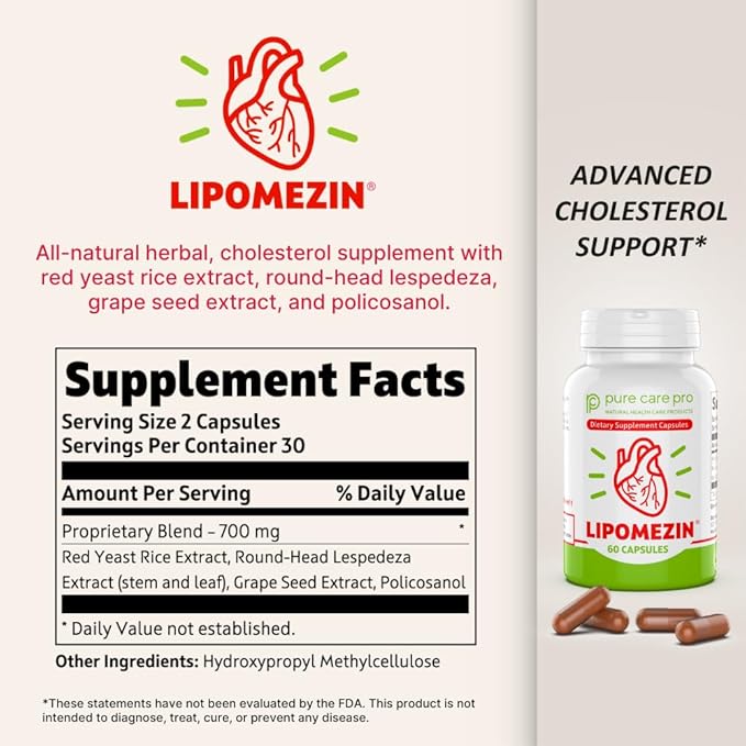 Pure Care Pro Synergistic Cholesterol Support Blend: Red Yeast Rice, Policosanol, Grape Seed & Lespedeza – 60 Vegetarian Capsules