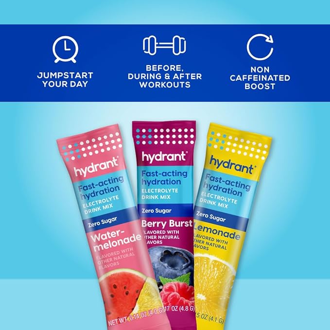 HYDRANT Hydrate Zero Sugar, Individual Hydration Electrolyte Powder Stick Packets with Zero Sugar and Electrolytes for Rapid Hydration (Variety Pack, 30 Count)