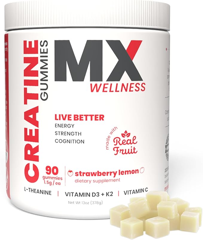 Creatine Monohydrate Gummies for Men & Women – Real Fruit Gummy Supplement for Muscle Growth, Recovery, Longevity, Cognitive Health & Memory – 90 Chews (90 Gummies, Strawberry Lemon)