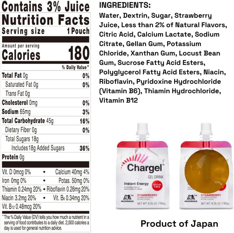 Strawberry, Caffeine-Free Instant Energy Gel Running, Biking, Workout, Hiking Essentials for Women & Men, Gifts for Runners - Carbs Vitamins, Gluten Free - Pack of 6 Gels - 6.35oz Each