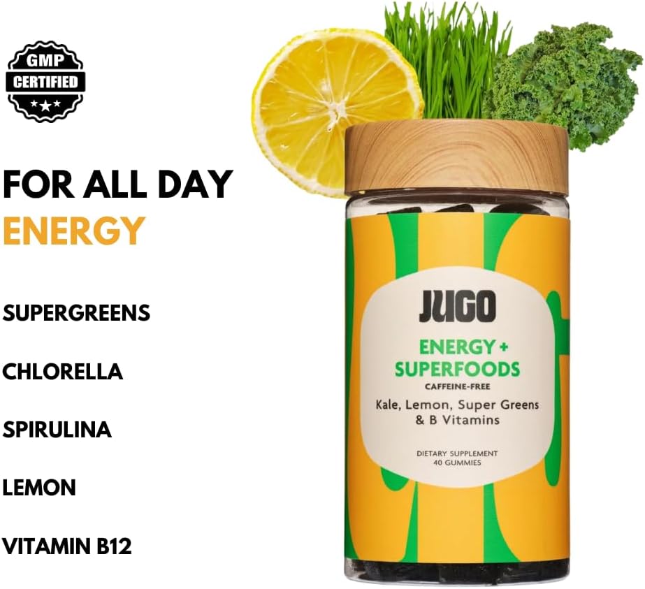 JUGO Energy + SUPERFOODS | Vitamin B12 Gummies with Kale & Super Greens | 40 Count Caffeine-Free Energy Gummies | Plant-Based, Gelatin-Free, Non-GMO, Made in USA