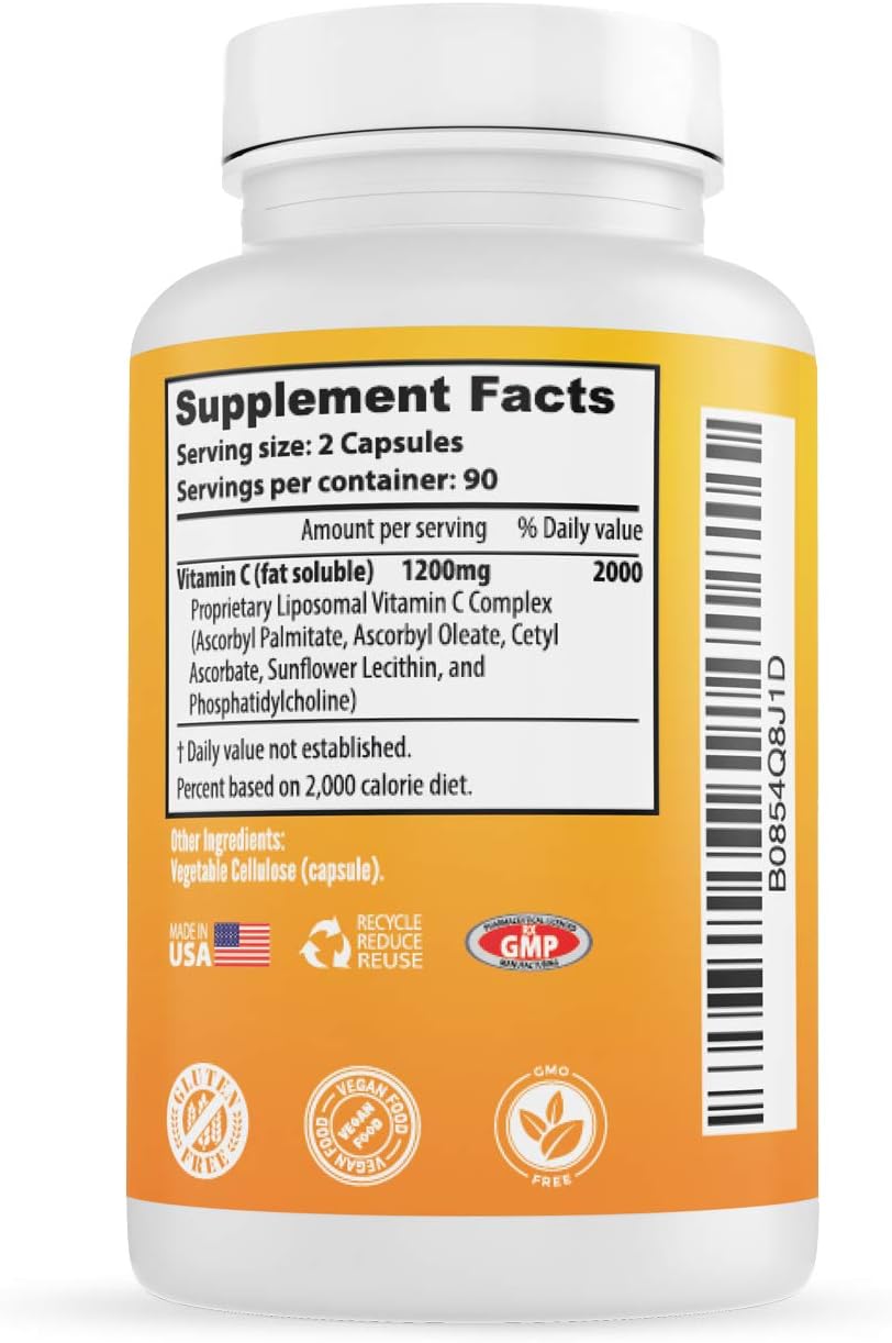 Liposomal Vitamin C Supplement Pills 1200 mg - High Absorption 180 Vegan Capsules Fat Soluble VIT C, Maximum Strength Immune System and Collagen Booster, Sunflower Lecithin