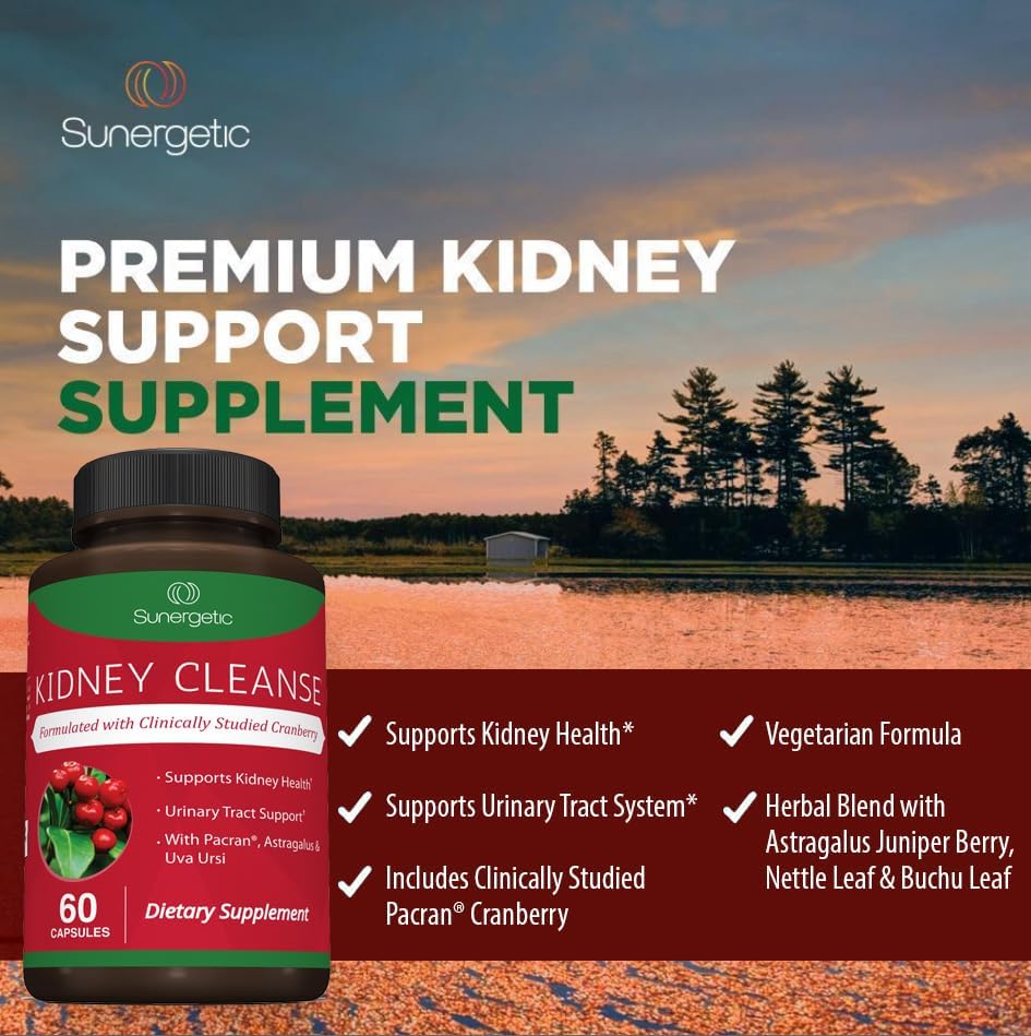 Sunergetic Premium Kidney Cleanse Supplement – Powerful Kidney Support Formula with Cranberry Extract Helps Support Healthy Kidneys & Urinary Tract Support– 60 Vegetarian Capsules
