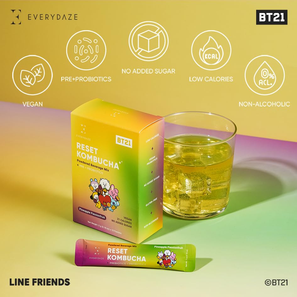 Everydaze BT21 Reset Kombucha Tea Powdered Beverage Mix | 10 Sticks | Prebiotics + Probiotics | Vegan | No Added Sugar, Gluten Free, Sparkling Powder Drink Pack (Pineapple Passion Fruit)