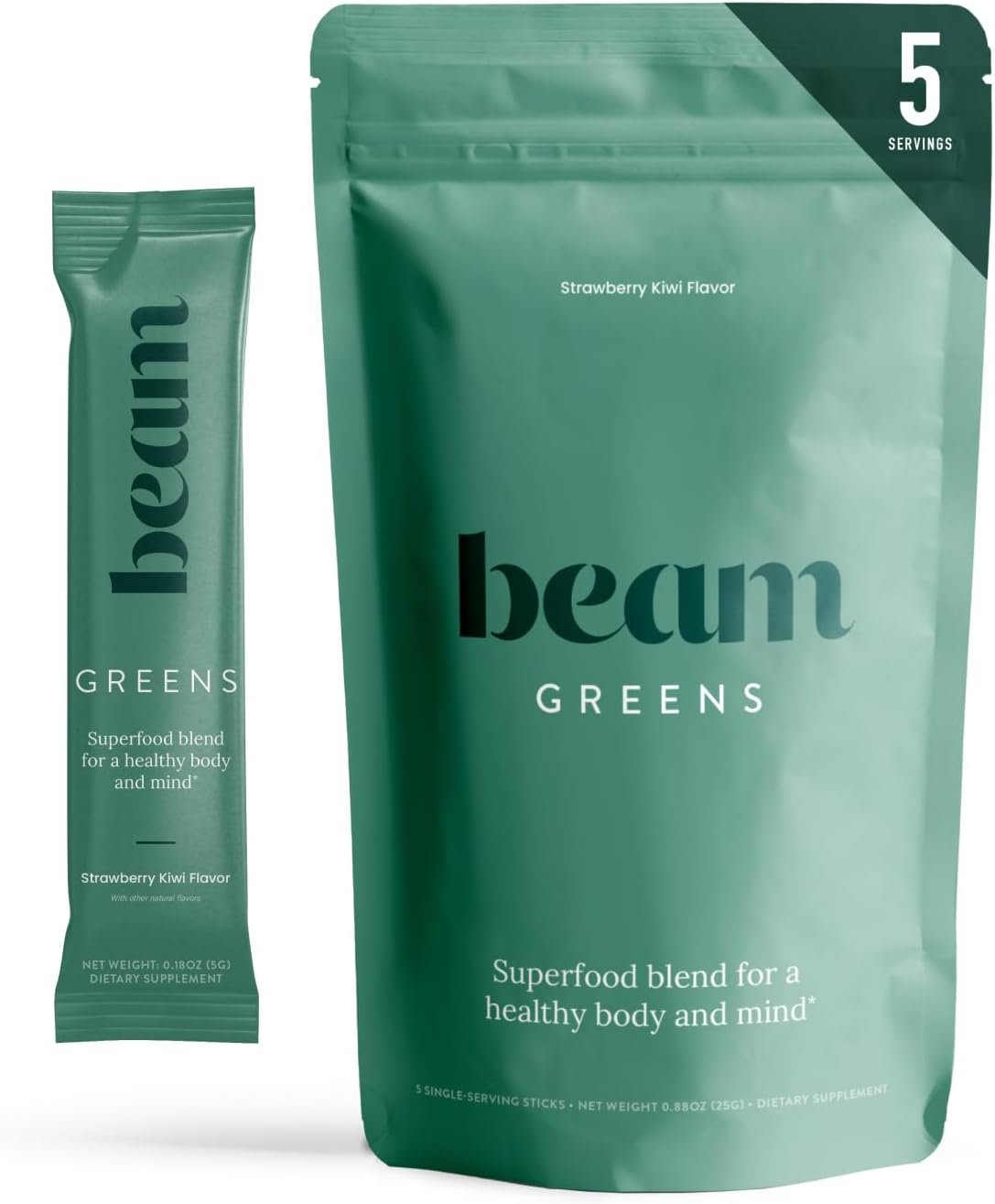 Beam Greens Powder, Greens Superfood Powder, Greens Supplement for Gut Health, Vegan, Non GMO Organic Greens Blend, Daily Greens with Ashwagandha, Vitamin C, B12, B6, D, Strawberry Kiwi, 5 Servings