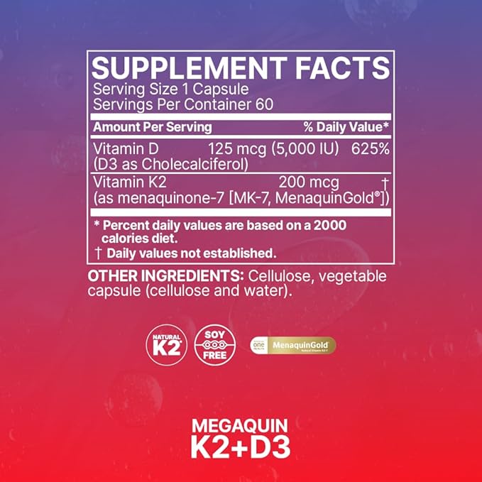 Microbiome Labs MegaQuin D3 + K2 - High Potency Vitamin D3 K2 Supplement - Bioactive & Bioavailable - Vitamin D3 5000 iu & MK-7 - Support Bone, Heart, Nerve & Immune Health (60 Capsules)