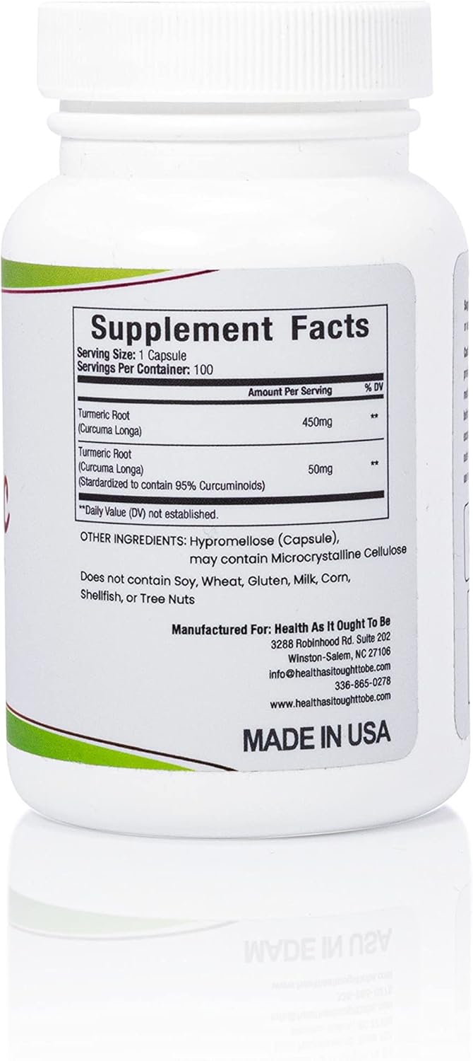 Health As It Ought To Be Fresh Turmeric 500 mg Supplement | Standardized Extract for Optimal Effect | 100 Capsules