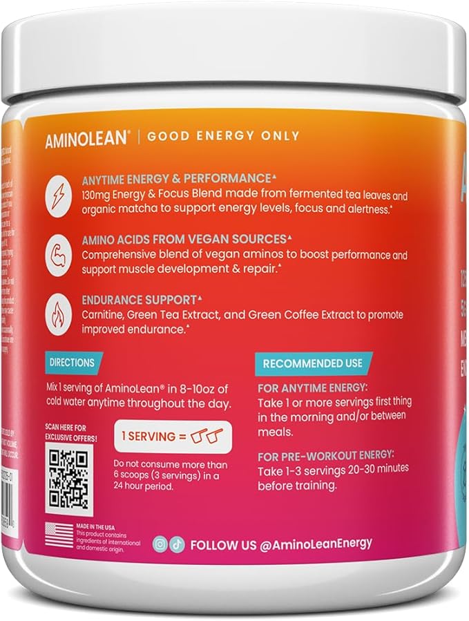AminoLean Pre Workout Powder, Amino Energy with Vegan BCAA Amino Acids & Natural Caffeine, Preworkout Boost for Men & Women, Paradise Punch