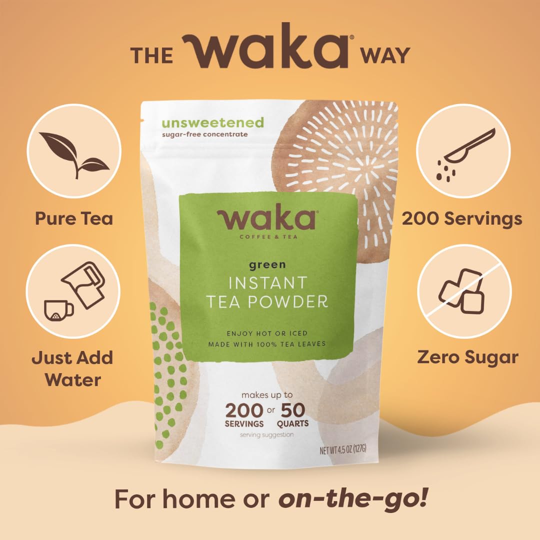 Waka Instant Green Tea Mix, Classic - 100% Tea Leaves, No Additives, Unsweetened Tea Powder for 50 Quarts or 200 Cups – Easy Quick Hot and Iced Teas (4.5oz)