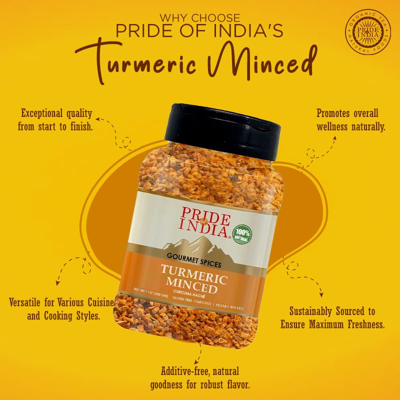 Pride of India - PACK of 6 - Turmeric Minced Whole – Gourmet Spice – Curcumin Rich Properties – No Additives Gluten – Easy to Use – 7 oz. Medium Dual Sifter Jar