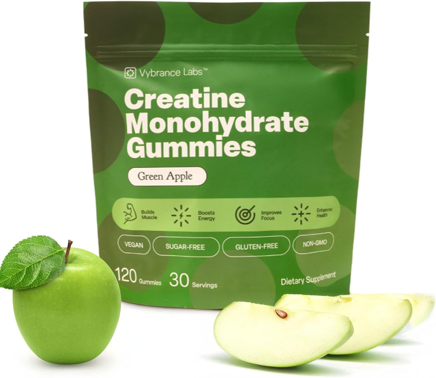 Creatine Gummies 5g Creatine Creapure + Taurine & B12 - Sugar-Free, Vegan, Gluten-Free - Green Apple - 120 Count (30 Servings) for Strength, Energy & Focus