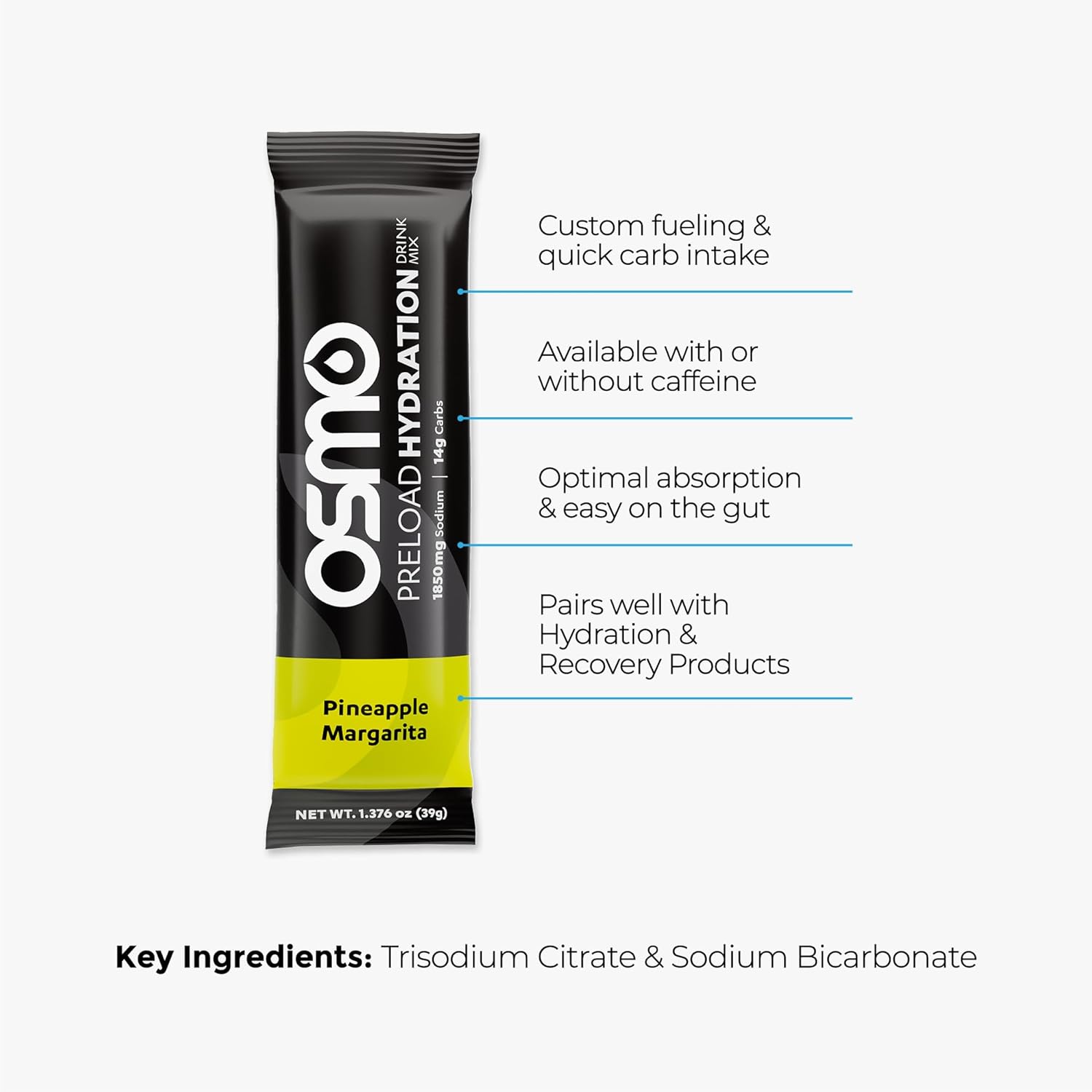 Osmo Preload Hydration Pre Workout Powder - Includes High Sodium Bicarbonate, Magnesium, Potassium, Carbs & Vitamins, Cane Sugar, Natural Ingredients, Beat Cramps & Dehydration - Pineapple Margarita