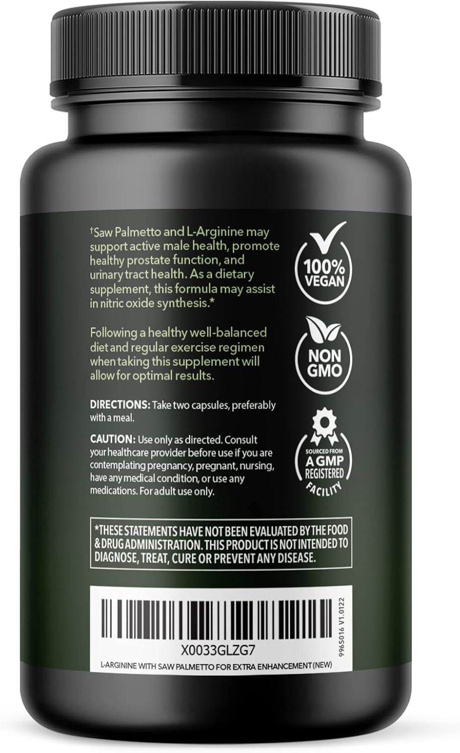 L-Arginine 500mg and Saw Palmetto 500mg - Nitric Oxide and Prostate Health Supplements for Men - 60 Count - Endurance and Urinary Tract Function Support - 1 Month Supply - Vegan, Non-GMO Capsules
