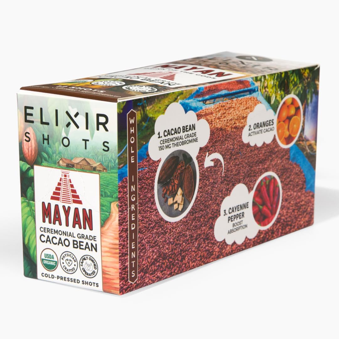 Elixir Shots Mayan (12 Pack) Cacao Wellness Shot with 100% Organic Ingredients Cacao, Orange, Cayenne - No Added Sugars or Artificial Ingredients