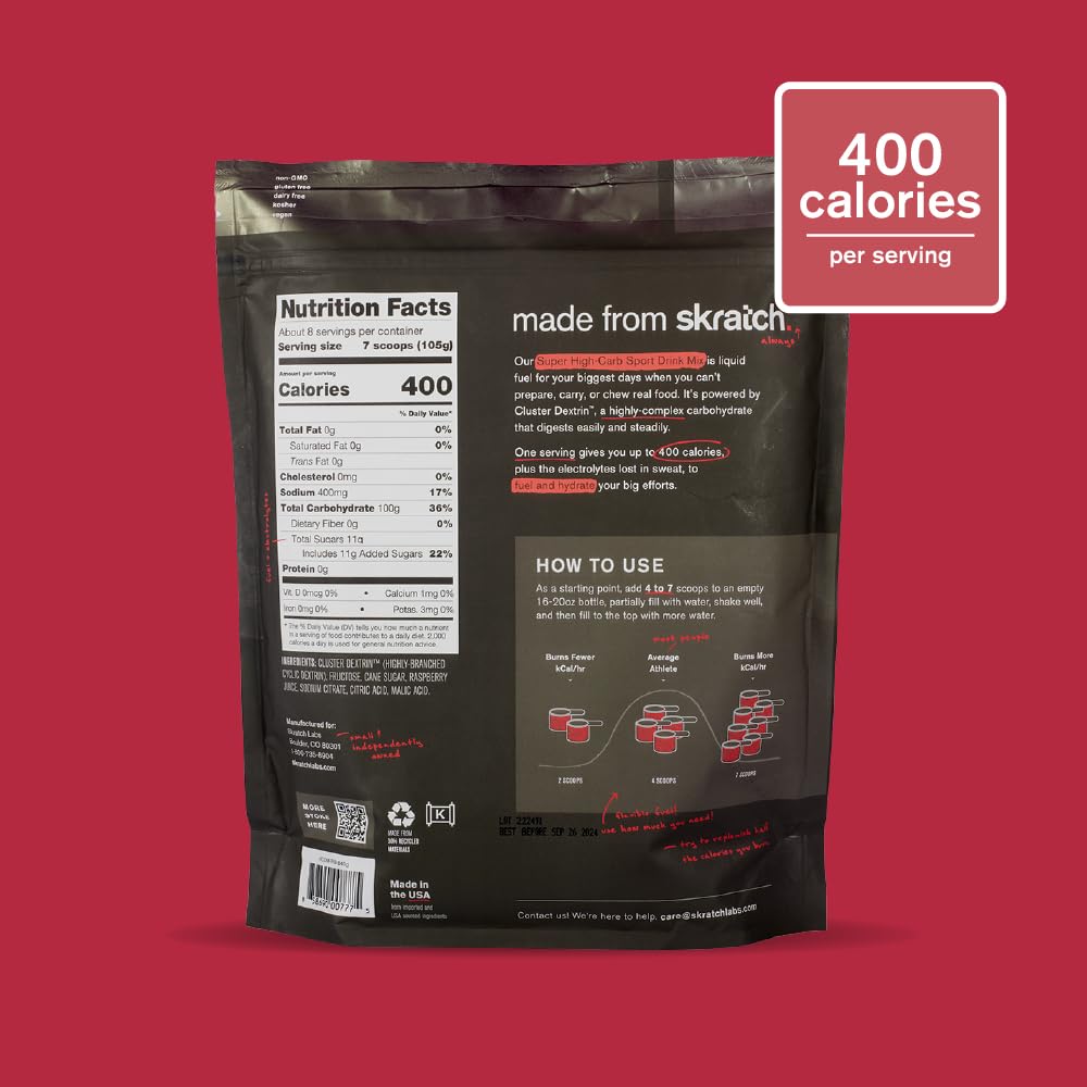 Skratch Labs Super High-Carb Hydration Powder | Carbohydrate Powder with Cluster Dextrin and Electrolytes | Endurance Energy Drink | Raspberry (840 Grams) | Non-GMO, Gluten Free, Vegan, Kosher