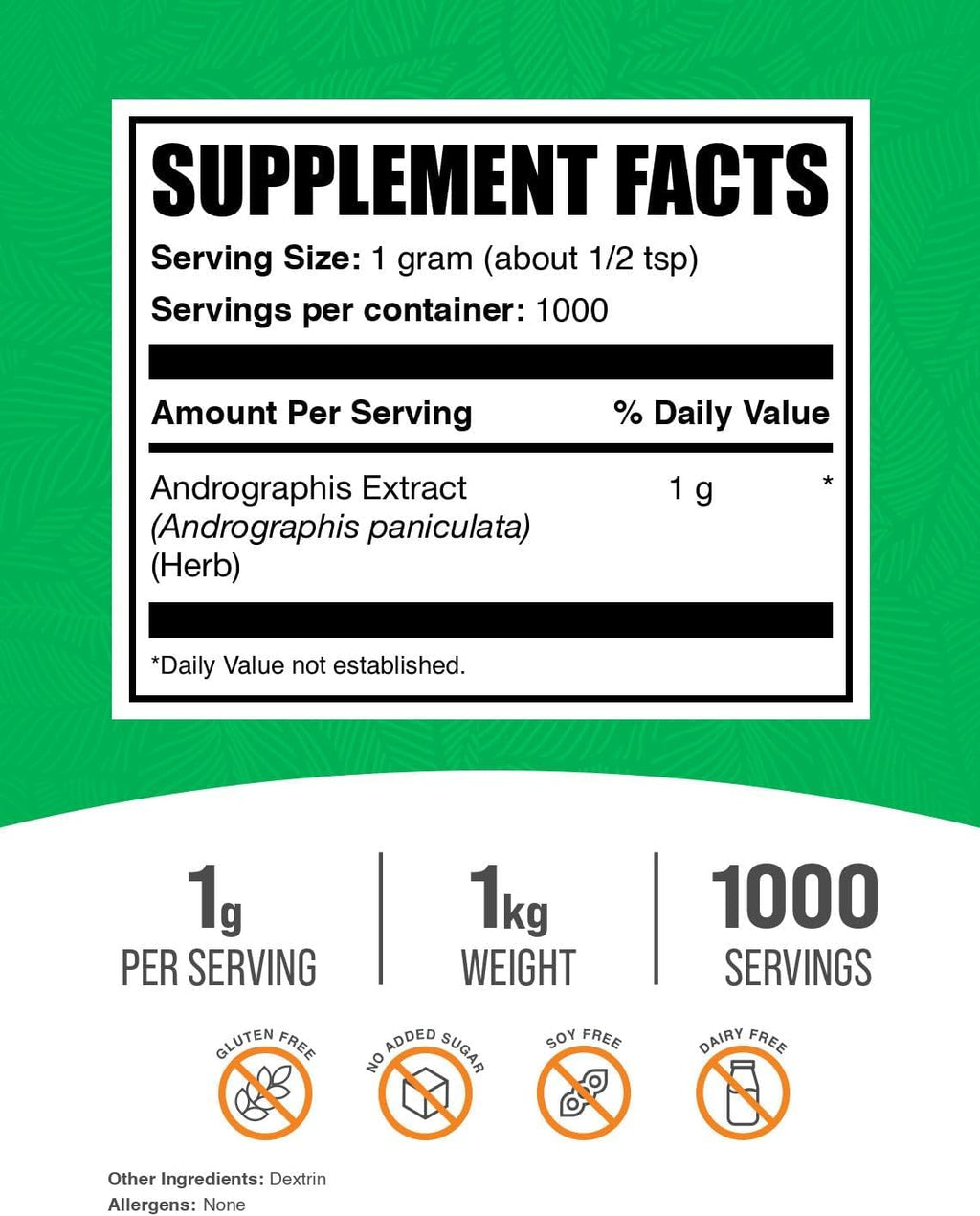 BulkSupplements.com Andrographis Extract Powder - Andrographis Paniculata, Herbal Supplement - Gluten Free, 1g per Serving, 1kg (2.2 lbs) (Pack of 1)