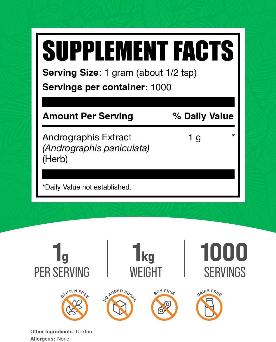 BulkSupplements.com Andrographis Extract Powder - Andrographis Paniculata, Herbal Supplement - Gluten Free, 1g per Serving, 1kg (2.2 lbs) (Pack of 1)