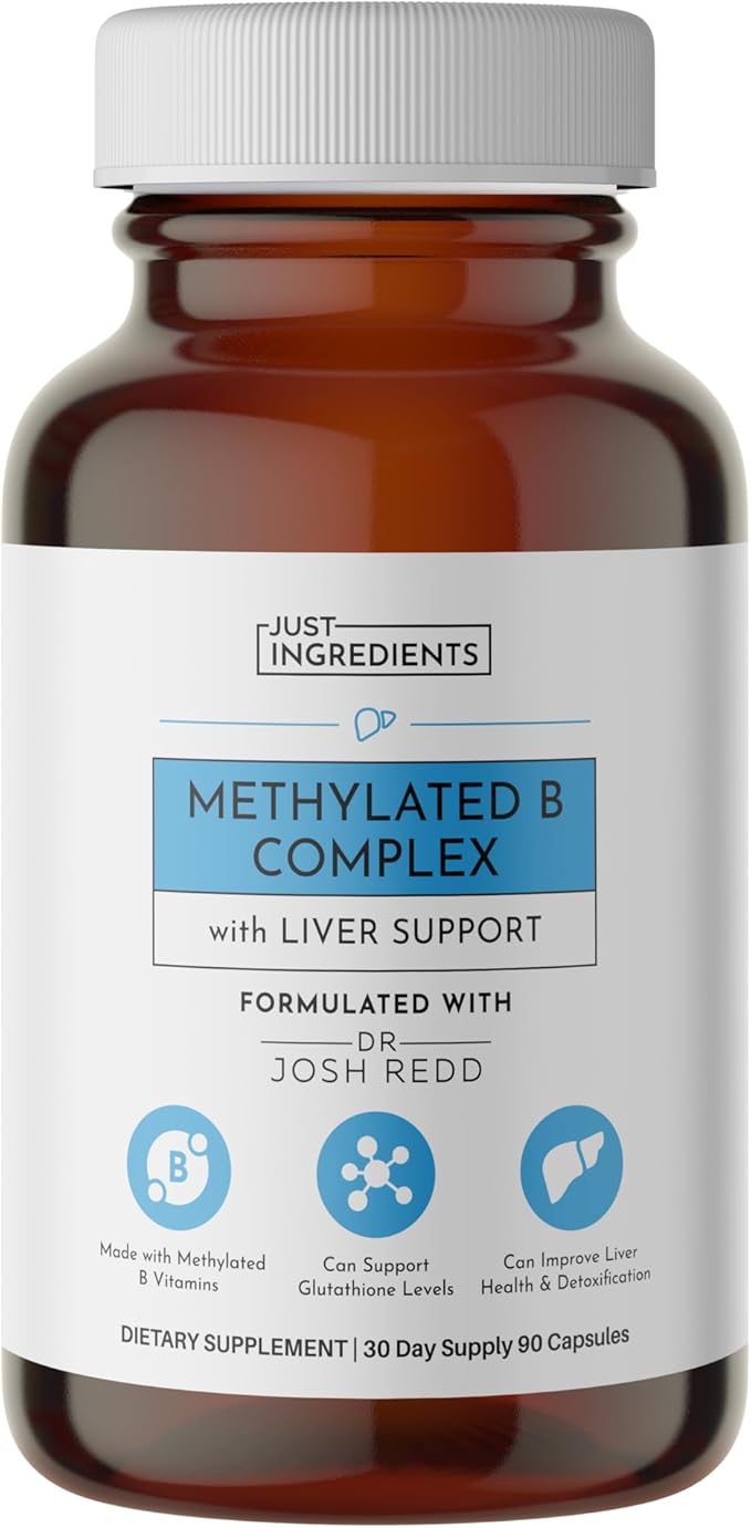 JUST INGREDIENTS Methylated B Complex with Liver Support - Energy, Detox, Glutathione, Skin - 90 Capsules