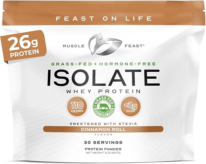 Muscle Feast Grass-Fed Whey Protein Isolate, All Natural Hormone Free Pasture Raised, Whey Isolate Protein Powder for Men and Women, Clean, Gluten-Free, Delicious Isolate Protein - Cinnamon Roll, 2lb
