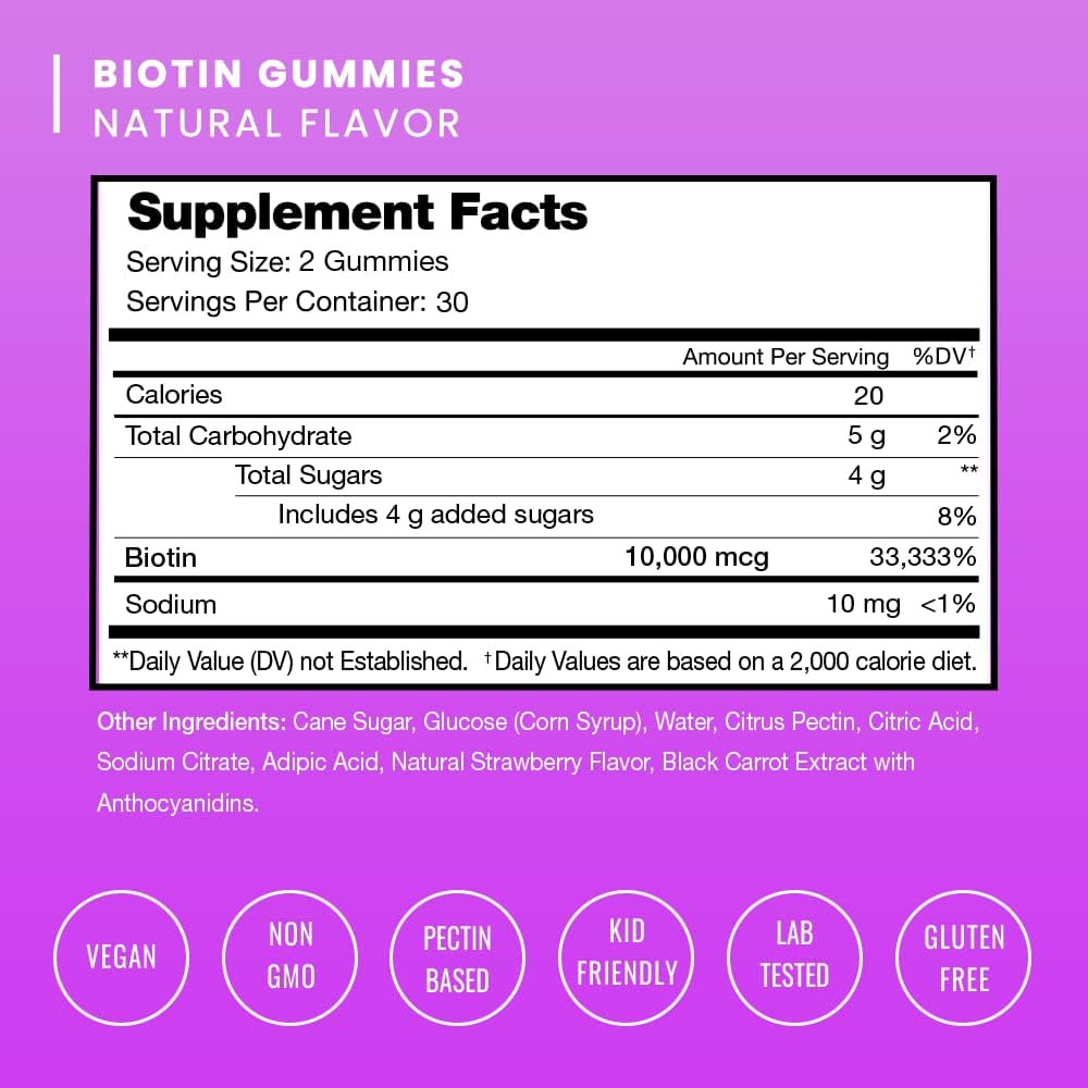 Biotin Gummies 10000mcg [High Potency] for Healthy Hair, Skin & Nails Vitamins for Women, Men & Kids - 5000mcg in Each Hair Vitamins Gummy - Vegan, Non-GMO, Hair Health Supplement