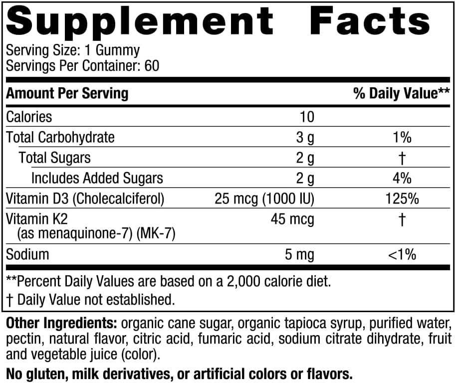 Nordic Naturals Vitamin D3 + K2 Gummies, Pomegranate - 60 Gummies - 1000 IU Vitamin D3 + 45 mcg K2 - Great Taste - Bone Health, Promotes Healthy Muscle Function - Non-GMO - 60 Servings